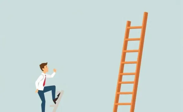 A cartoon depiction of a professional climbing a corporate ladder with a missing top step