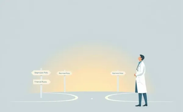Physician standing at a crossroads with financial paths
