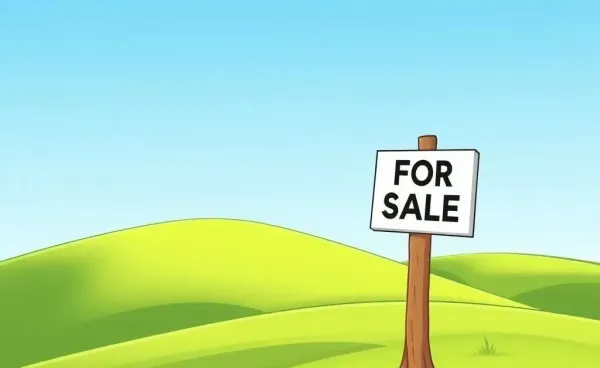 A cartoon-style landscape with a 'For Sale' sign on a piece of land.
