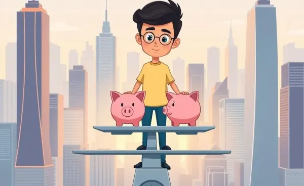 Cartoon of a person balancing piggy banks against city skyscrapers.