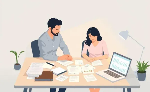 A couple planning finances at a desk with notes and a laptop