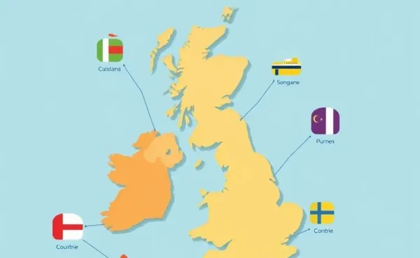 Cartoon map of the UK with surrounding emigration options