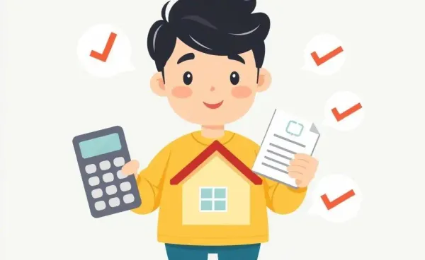 A cartoon image depicting a person managing home loan details with a house, calculator, and checklist