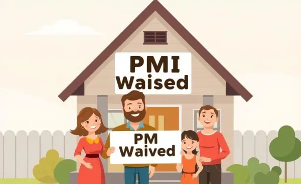 A family happily standing in front of their house with a sign that says 'PMI Waived'.