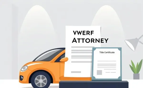 A car, a Power of Attorney document, and a title certificate on a desk