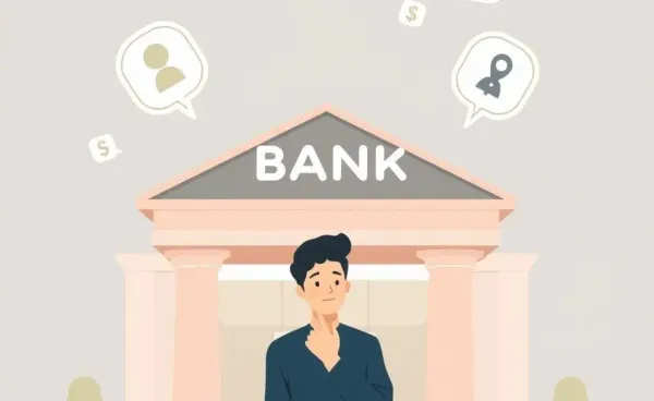Person considering options in front of a bank
