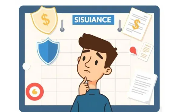 Person pondering with a calendar in the background and insurance symbols