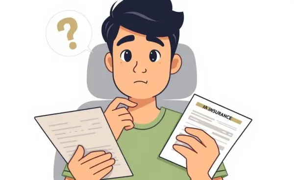 A cartoon-style illustration of a person pondering car insurance documents.