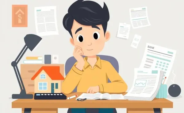 Person pondering HELOC strategies with a desk cluttered with finance items