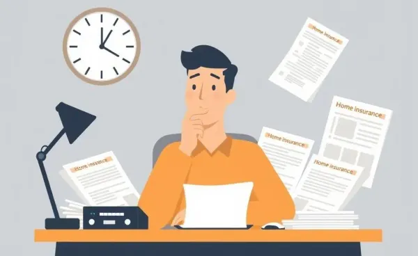 Person pondering at a desk with home insurance paperwork and a clock