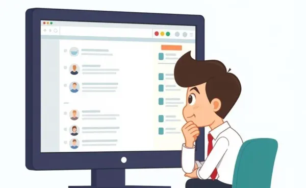 A cartoon-style image of a person thinking about how to respond to online posts