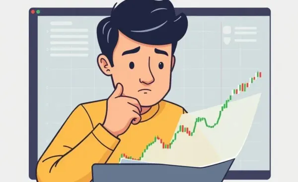 A person pondering over a stock market chart with fluctuating lines.