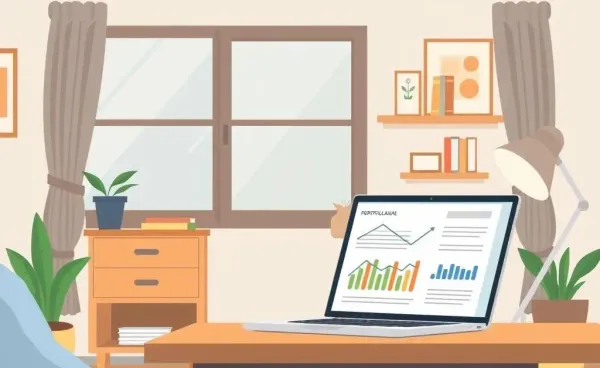 A cozy home office with a laptop displaying portfolio analysis.