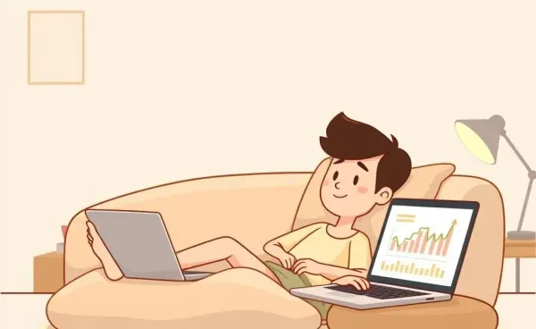 Person sitting relaxed with investment graphs on a laptop