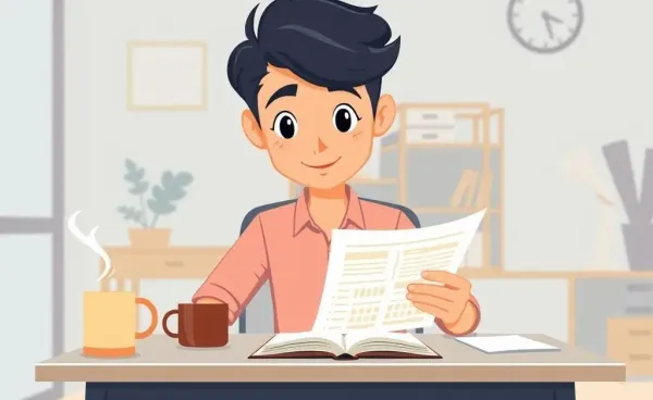 A person confidently reviewing a financial plan at a desk with a notebook and coffee.