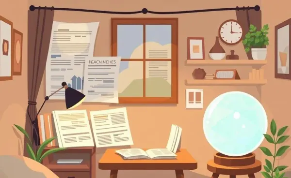 A cozy study room with financial plans and a mystical crystal ball predicting homeownership.