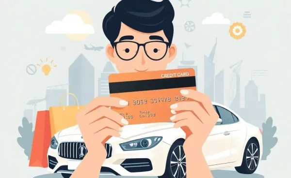 A person holding a premium credit card with travel and lifestyle icons in the background.