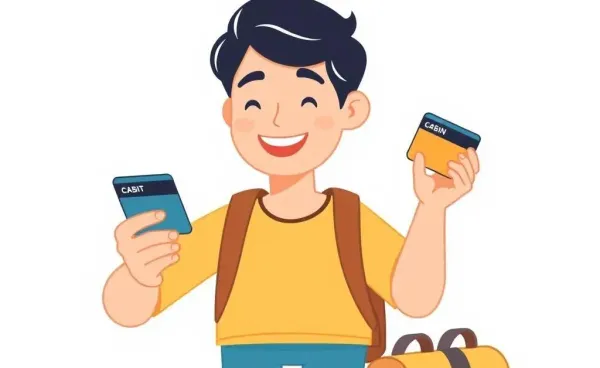A person happily using a premium credit card while traveling