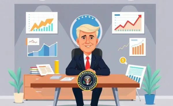 Cartoon president at a desk with economic charts and graphs