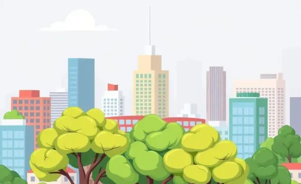A cartoon cityscape with a focus on large, healthy trees