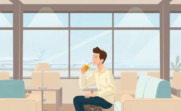 Relaxed traveler enjoying a beverage in an airport lounge