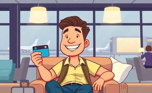 Traveler relaxing in an airport lounge with a credit card