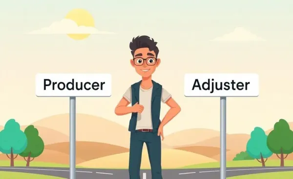 Illustration of a person at a career crossroads between producer and adjuster