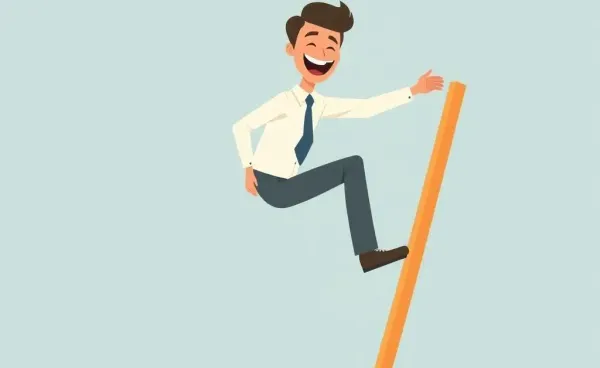 A professional joyfully climbing a corporate ladder