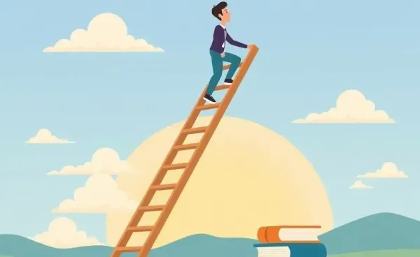 Illustration of a person climbing a ladder made of books against a sky, symbolizing professional growth.