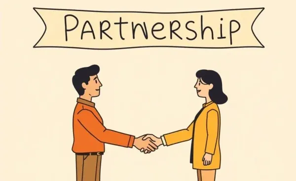 Illustration of two people shaking hands representing a business partnership.