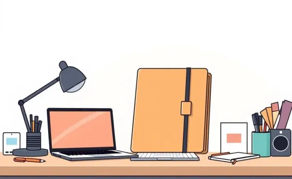 A stylish professional portfolio on a desk with a laptop and creative tools