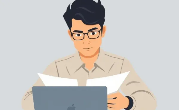 A professional reviewing notes at a desk, focused on improvement