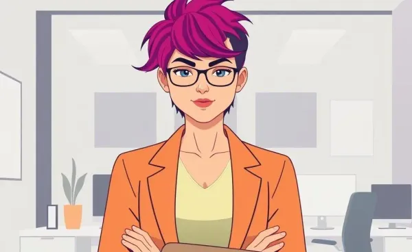 A confident professional with vibrant hair color in an office setting