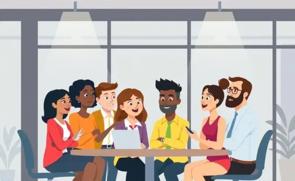A group of diverse employees having a discussion in a modern office setting
