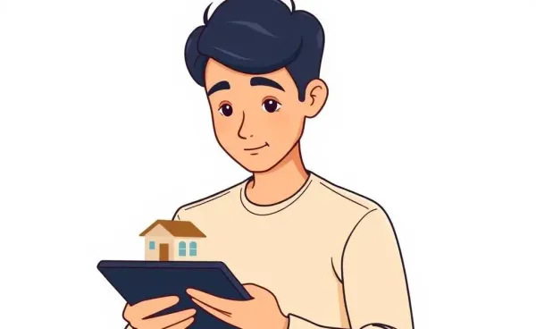 A thoughtful person analyzing a property investment on a digital tablet