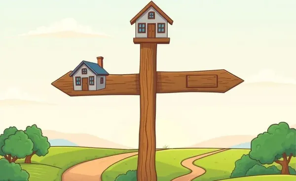 Illustration of a crossroads sign with different property symbols