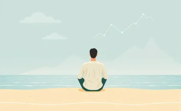 A serene investor sitting by the beach with fluctuating financial graphs in the background.