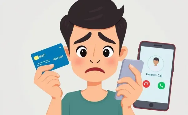 A cartoon image of a person holding a debit card and a phone with an unknown caller ID.