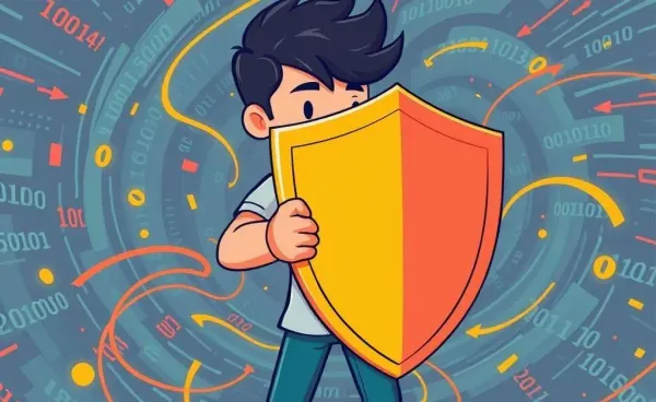 Person holding a shield against swirling digital data, representing data protection