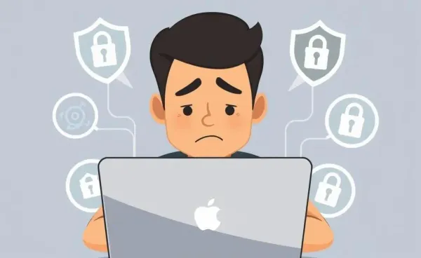 A concerned person at their laptop assessing digital security