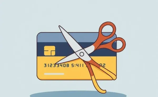 Cartoon of cutting a bank card with scissors for safety