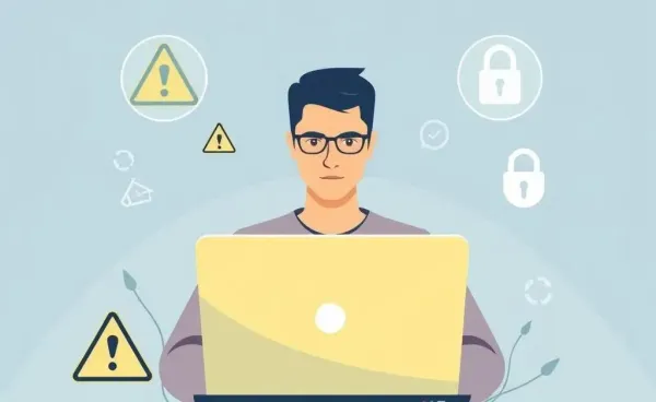 A person using a laptop with alert symbols around, signifying cyber security awareness.