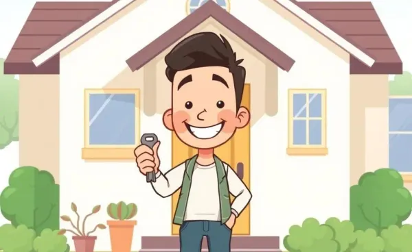 A cheerful cartoon of a person with a key in front of a new house