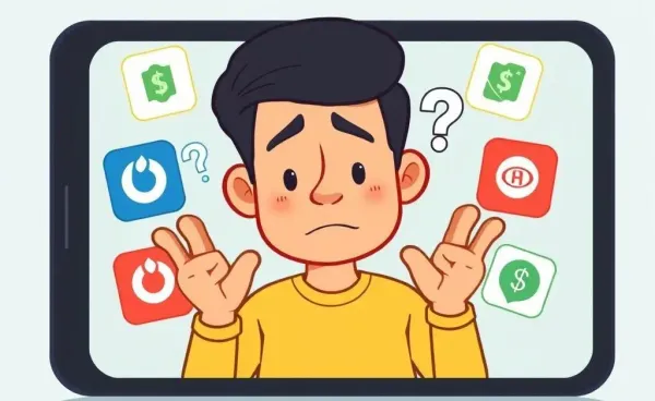 Cartoon of a person puzzled by financial app icons