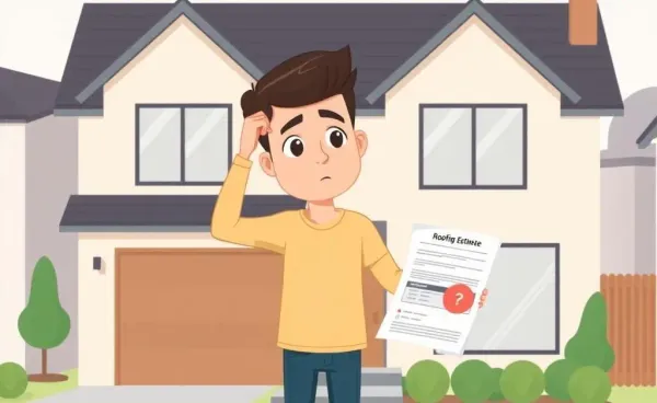 A cartoon image of a puzzled home buyer looking at a roofing estimate.