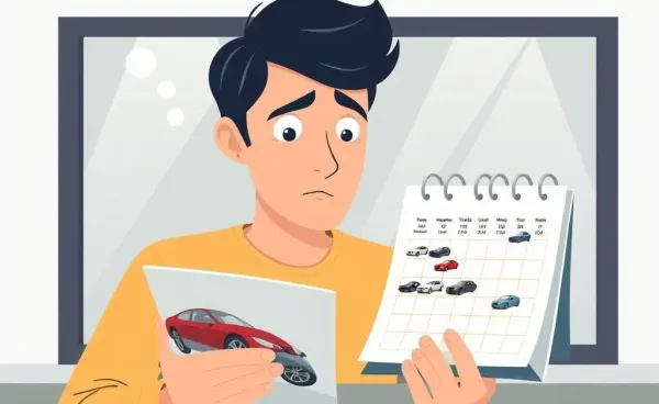 A puzzled person looking at a calendar with car insurance visuals