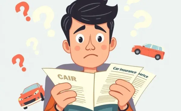 Cartoon-style image of a puzzled person looking at car insurance documents
