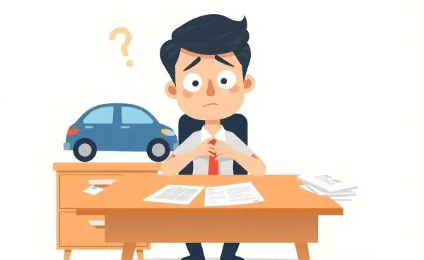 A puzzled person contemplating car insurance documents.