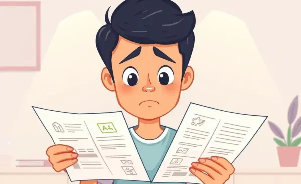 A cartoon-style image of a person looking confused over their insurance documents
