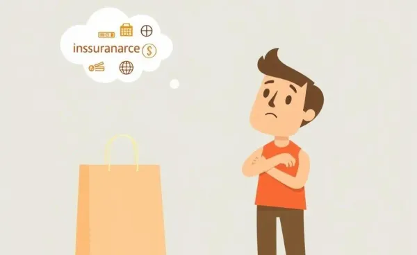 A puzzled person looking at an empty shopping bag, thinking about insurance.